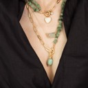  Women Gold-Plated Boho Layered Necklace Set 3Pcs, Chain with Stone, Half Chain & Aventurine with Heart Pendant, Half Chain & Aventurine with Stone Pendant, Trendy & Adjustable Stylish Fashion Jewelry