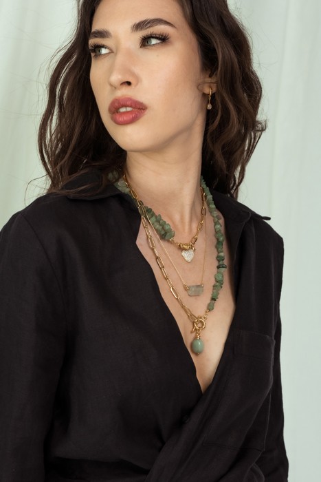 Women Gold-Plated Boho Layered Necklace Set 3Pcs, Chain with Stone, Half Chain & Aventurine with Heart Pendant, Half Chain & Aventurine with Stone Pendant, Trendy & Adjustable Stylish Fashion Jewelry