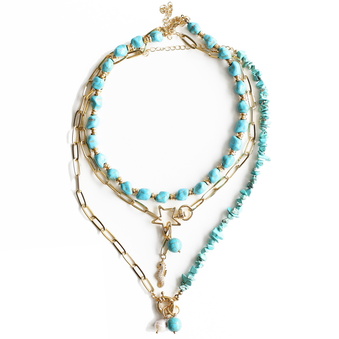 Women Gold-Plated Boho Layered Necklace Set 3Pcs, Turquoise Stone, Link Chain with Seahorse & Stone Pendant, Half Chain & Turquoise with Beads, Bohemian Trendy & Adjustable Stylish Fashion Jewelry