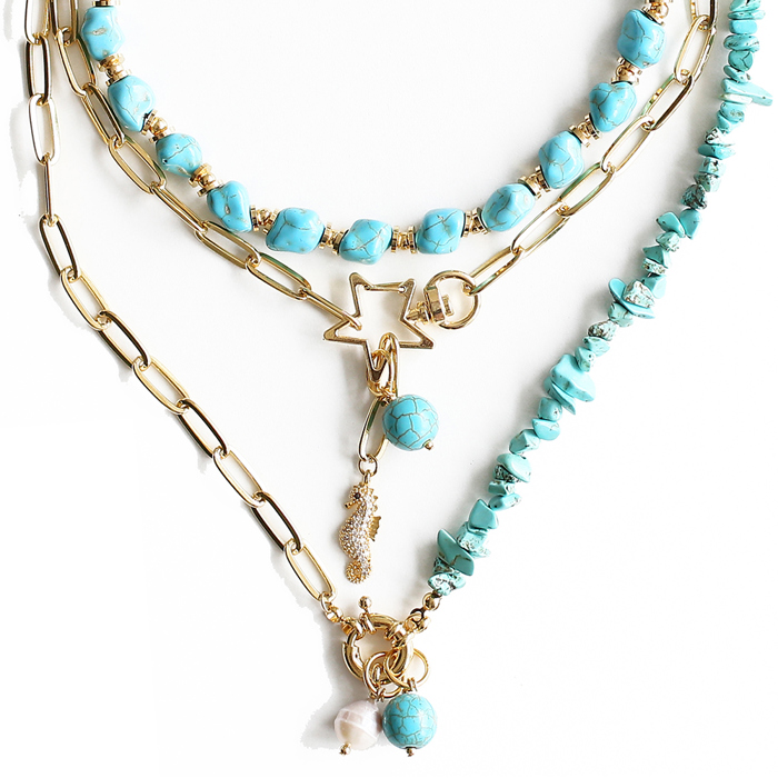 Women Gold-Plated Boho Layered Necklace Set 3Pcs, Turquoise Stone, Link Chain with Seahorse & Stone Pendant, Half Chain & Turquoise with Beads, Bohemian Trendy & Adjustable Stylish Fashion Jewelry