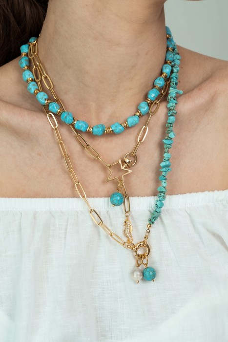 Women Gold-Plated Boho Layered Necklace Set 3Pcs, Turquoise Stone, Link Chain with Seahorse & Stone Pendant, Half Chain & Turquoise with Beads, Bohemian Trendy & Adjustable Stylish Fashion Jewelry