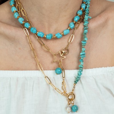 Women Gold-Plated Boho Layered Necklace Set 3Pcs, Turquoise Stone, Link Chain with Seahorse & Stone Pendant, Half Chain & Turquoise with Beads, Bohemian Trendy & Adjustable Stylish Fashion Jewelry