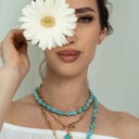  Women Gold-Plated Boho Layered Necklace Set 3Pcs, Turquoise Stone, Link Chain with Seahorse & Stone Pendant, Half Chain & Turquoise with Beads, Bohemian Trendy & Adjustable Stylish Fashion Jewelry