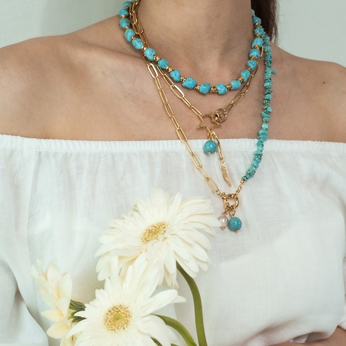 Women Gold-Plated Boho Layered Necklace Set 3Pcs, Turquoise Stone, Link Chain with Seahorse & Stone Pendant, Half Chain & Turquoise with Beads, Bohemian Trendy & Adjustable Stylish Fashion Jewelry