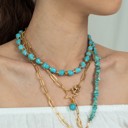  Women Gold-Plated Boho Layered Necklace Set 3Pcs, Turquoise Stone, Link Chain with Seahorse & Stone Pendant, Half Chain & Turquoise with Beads, Bohemian Trendy & Adjustable Stylish Fashion Jewelry