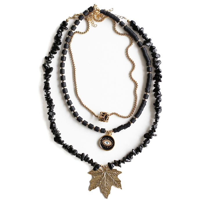 Women Gold-Plated Boho Layered Necklace Set 3Pcs, Rolo Chain with Cages Stone, Black Beads with Eye Pendant, Onyx with Leaf Pendant, Bohemian Trendy & Adjustable Stylish Fashion Jewelry