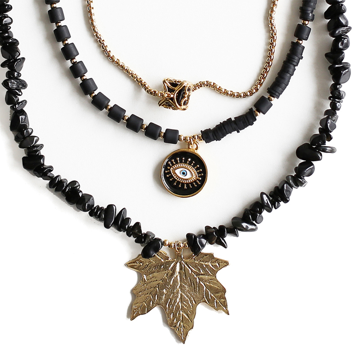 Women Gold-Plated Boho Layered Necklace Set 3Pcs, Rolo Chain with Cages Stone, Black Beads with Eye Pendant, Onyx with Leaf Pendant, Bohemian Trendy & Adjustable Stylish Fashion Jewelry