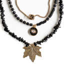  Women Gold-Plated Boho Layered Necklace Set 3Pcs, Rolo Chain with Cages Stone, Black Beads with Eye Pendant, Onyx with Leaf Pendant, Bohemian Trendy & Adjustable Stylish Fashion Jewelry