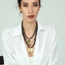  Women Gold-Plated Boho Layered Necklace Set 3Pcs, Rolo Chain with Cages Stone, Black Beads with Eye Pendant, Onyx with Leaf Pendant, Bohemian Trendy & Adjustable Stylish Fashion Jewelry