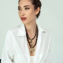  Women Gold-Plated Boho Layered Necklace Set 3Pcs, Rolo Chain with Cages Stone, Black Beads with Eye Pendant, Onyx with Leaf Pendant, Bohemian Trendy & Adjustable Stylish Fashion Jewelry