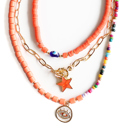  Women Gold-Plated Boho Layered Necklace Set 3Pcs, Flat Round Beads & Evil Eye Bead, Link Chain & Star Pendant, Multi-Color Beads & Eye Pendant, Bohemian Trendy & Adjustable Stylish Fashion Jewelry