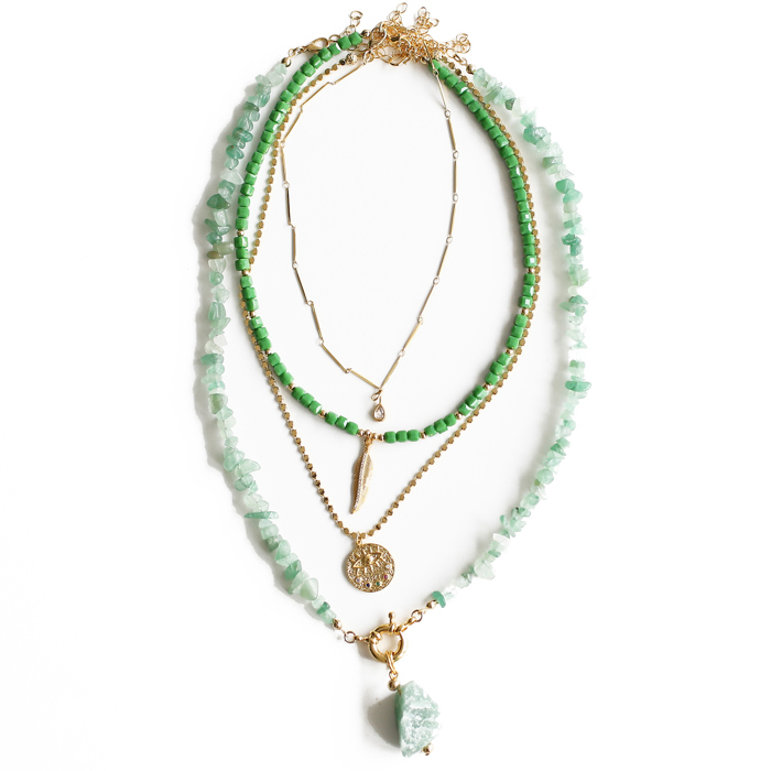 Women Gold-Plated Boho Layered Necklace Set 4Pcs, Chain & Drop Pendant, Beads & Leaf Pendant, Chain & Eye Pendant, Aventurine with Stone Pendant, Bohemian Trendy & Adjustable Stylish Fashion Jewelry