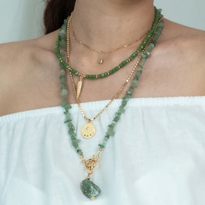 Women Gold-Plated Boho Layered Necklace Set 4Pcs, Chain & Drop Pendant, Beads & Leaf Pendant, Chain & Eye Pendant, Aventurine with Stone Pendant, Bohemian Trendy & Adjustable Stylish Fashion Jewelry