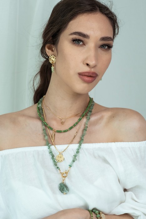 Women Gold-Plated Boho Layered Necklace Set 4Pcs, Chain & Drop Pendant, Beads & Leaf Pendant, Chain & Eye Pendant, Aventurine with Stone Pendant, Bohemian Trendy & Adjustable Stylish Fashion Jewelry