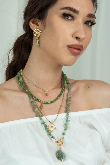 Women Gold-Plated Boho Layered Necklace Set 4Pcs, Chain & Drop Pendant, Beads & Leaf Pendant, Chain & Eye Pendant, Aventurine with Stone Pendant, Bohemian Trendy & Adjustable Stylish Fashion Jewelry