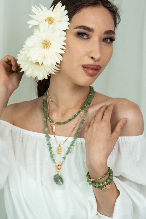 Women Gold-Plated Boho Layered Necklace Set 4Pcs, Chain & Drop Pendant, Beads & Leaf Pendant, Chain & Eye Pendant, Aventurine with Stone Pendant, Bohemian Trendy & Adjustable Stylish Fashion Jewelry