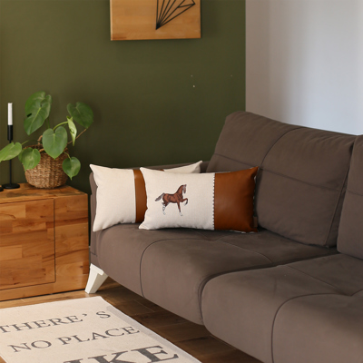 Country Embroidered Horse Mixed Boho Sets Throw Pillow Covers Vegan Faux Leather Solid Beige & Brown Square & Lumbar for Couch, Bedding