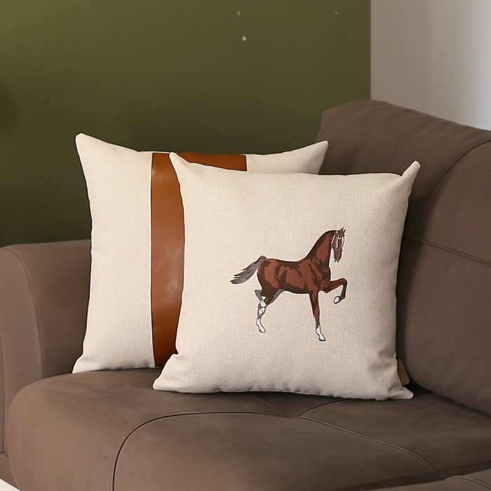 Country Embroidered Horse Mixed Boho Sets Throw Pillow Covers Vegan Faux Leather Solid Beige & Brown Square & Lumbar for Couch, Bedding