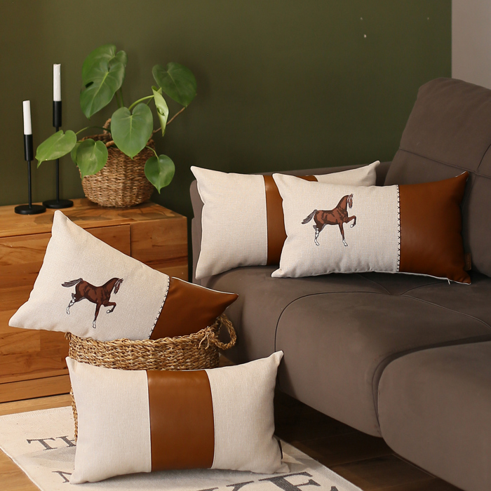 Country Embroidered Horse Mixed Boho Sets Throw Pillow Covers Vegan Faux Leather Solid Beige & Brown Square & Lumbar for Couch, Bedding