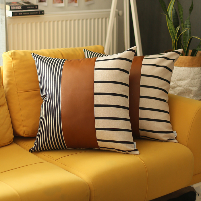 Boho Decorative Throw Pillow Cover Vegan Faux Leather Geometric Lumbar & Square for Couch, Bedding