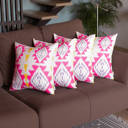 Pink; White - 18x18 4-piece Ikat Lumbar 12"x 20" & Square 18"x 18" Boho Throw Pillow Covers Sets