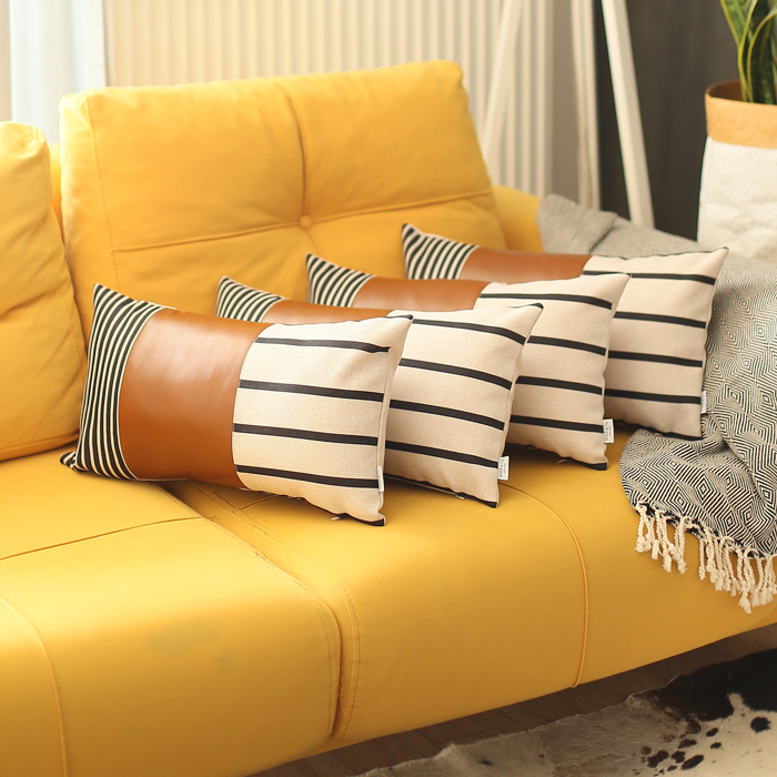 Boho Decorative Throw Pillow Cover Vegan Faux Leather Geometric Lumbar & Square for Couch, Bedding