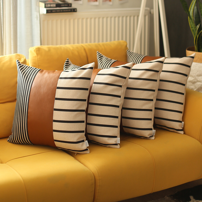 Boho Decorative Throw Pillow Cover Vegan Faux Leather Geometric Lumbar & Square for Couch, Bedding