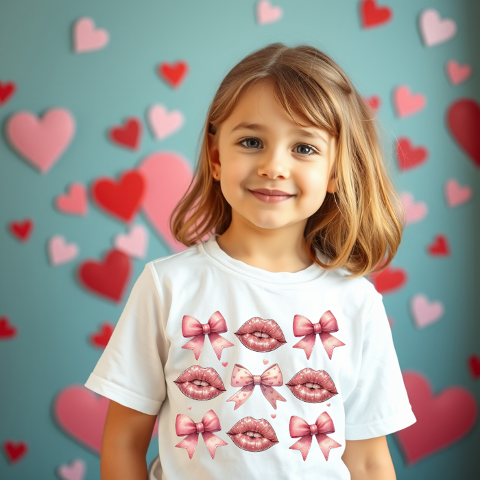 Kids Coquette Lips & Bows Valentines Tee