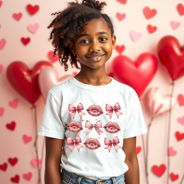 Kids Coquette Lips & Bows Valentines Tee