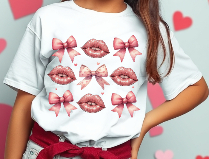 Kids Coquette Lips & Bows Valentines Tee