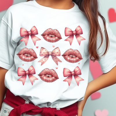 Kids Coquette Lips & Bows Valentines Tee