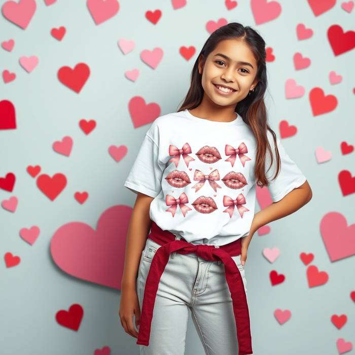 Kids Coquette Lips & Bows Valentines Tee