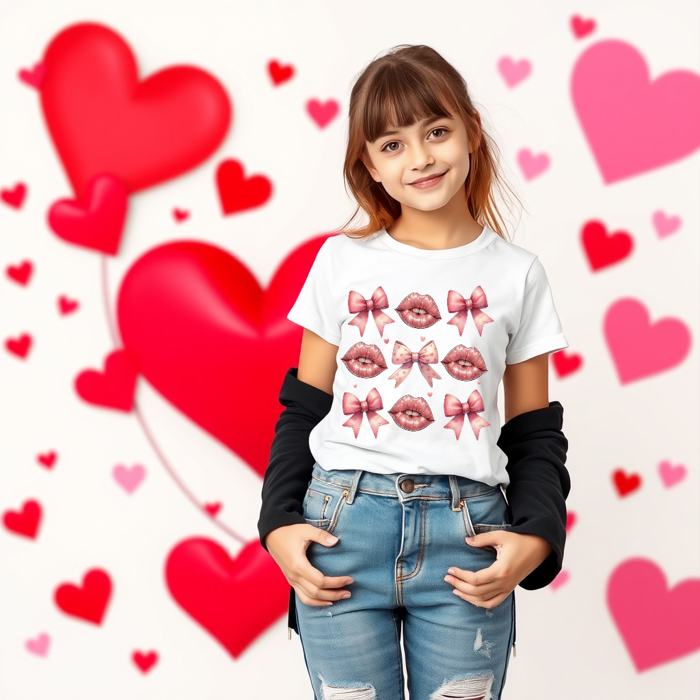 Kids Coquette Lips & Bows Valentines Tee