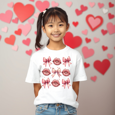 Kids Coquette Lips & Bows Valentines Tee