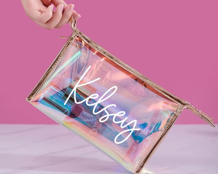 Personalized Holographic Makeup Bag – Clear Bag, Gift for Her, Bridesmaid, Personalized Cosmetic Bag