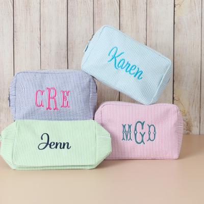 Personalized Embroidered Makeup Bag, Seersucker Cosmetic Bag, Personalized Gift Toiletry Bag Women, Bridesmaid Gift, Makeup Organizer Mom Gift