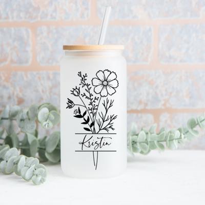 Personalized Birth Flower Glass Tumbler Bamboo Lid Frosted Cup Custom Botanical Drinkware Gift Idea Iced Coffee Mug Elegant Design