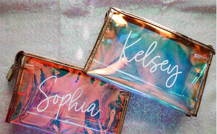 Personalized Holographic Makeup Bag – Clear Bag, Gift for Her, Bridesmaid, Personalized Cosmetic Bag
