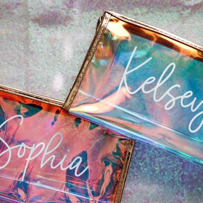 Personalized Holographic Makeup Bag – Clear Bag, Gift for Her, Bridesmaid, Personalized Cosmetic Bag
