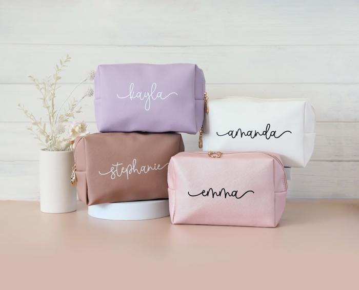 Personalized Makeup Bag | Custom Vegan Leather Cosmetic Bag for Bridesmaid Gifts