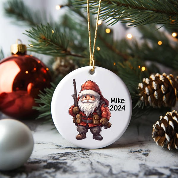 Personalized 2024 Hunting Santa Ceramic Christmas Ornament