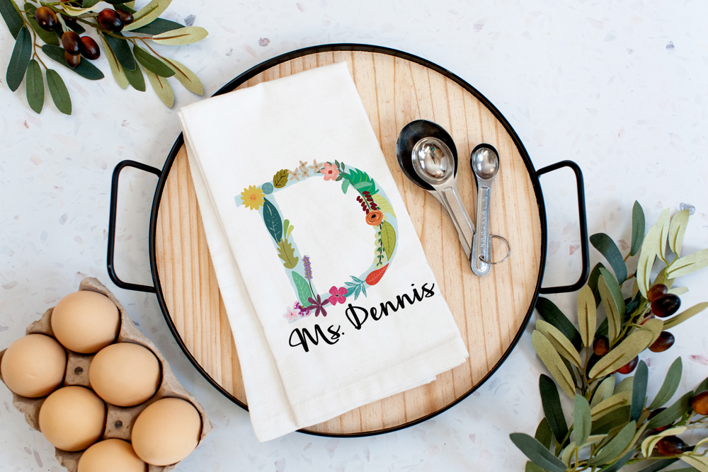 Floral Monogram Custom Tea Towel