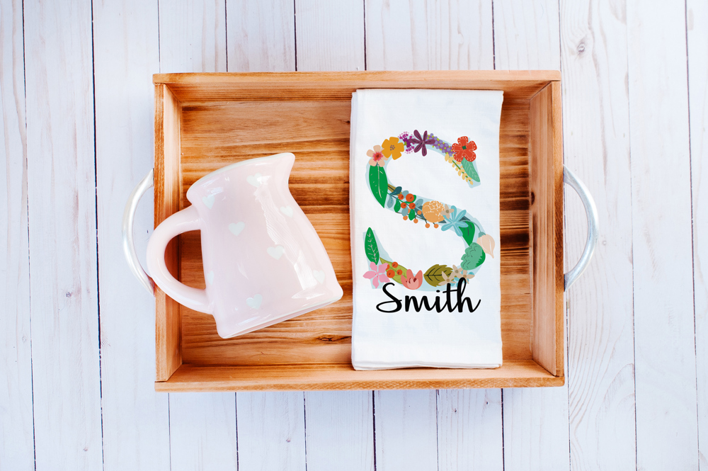 Floral Monogram Custom Tea Towel