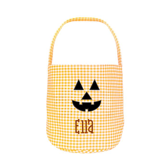 Personalized Jack-o-lantern Halloween Candy Basket with Embroidered Name - Custom Gingham Pattern Tote Bag Basket for Halloween Candies - Trick or Treat Halloween Bucket Goodies Bags 