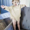 Beige 0-3M Personalized Romper Bodysuit for Baby Boy Girl - Long Sleeve Crewneck Oversized Baby Sweatshirt with Custom Name