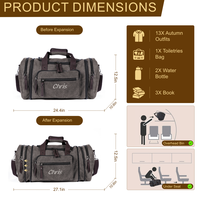 Personalized Duffle Bags for Men - Expandable Canvas Duffle Bag for Travel - Mens Overnight Bag or Weekender Bag with Shoe Compartment - Carry-On Duffel Bag for Short Trip, Gym & Camping