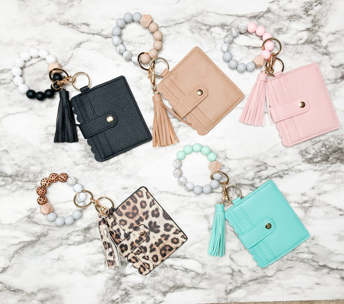 Wristlet Wallet Keychain for Women- Leather Card Holder with Silicone Bead Bracelet & Tassel