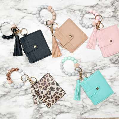 Wristlet Wallet Keychain for Women- Leather Card Holder with Silicone Bead Bracelet & Tassel