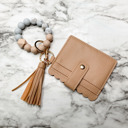 Tan Wristlet Wallet Keychain for Women- Leather Card Holder with Silicone Bead Bracelet & Tassel