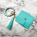 Teal Wristlet Wallet Keychain for Women- Leather Card Holder with Silicone Bead Bracelet & Tassel